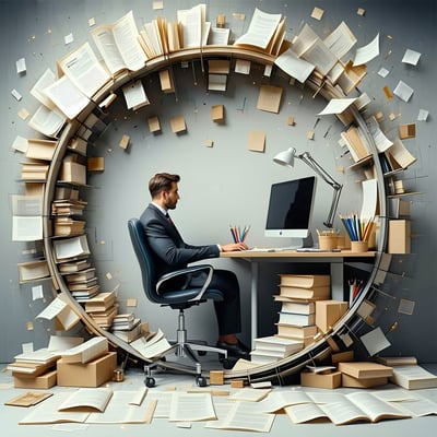 Design a visually striking and evocative cover image for the blog post titled The Myth of Executive Hard Work The central metaphor the Hamster Wheel Desk should creatively depict the transformation of a traditional executive workspace into an oversiz-1